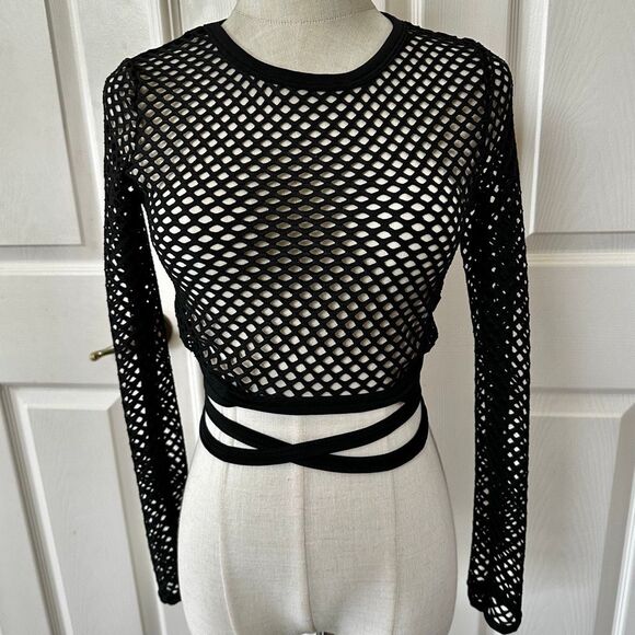 Rave Wonderland Black Fishnet Long Sleeve Wrap Crop Top - Picture 1 of 5